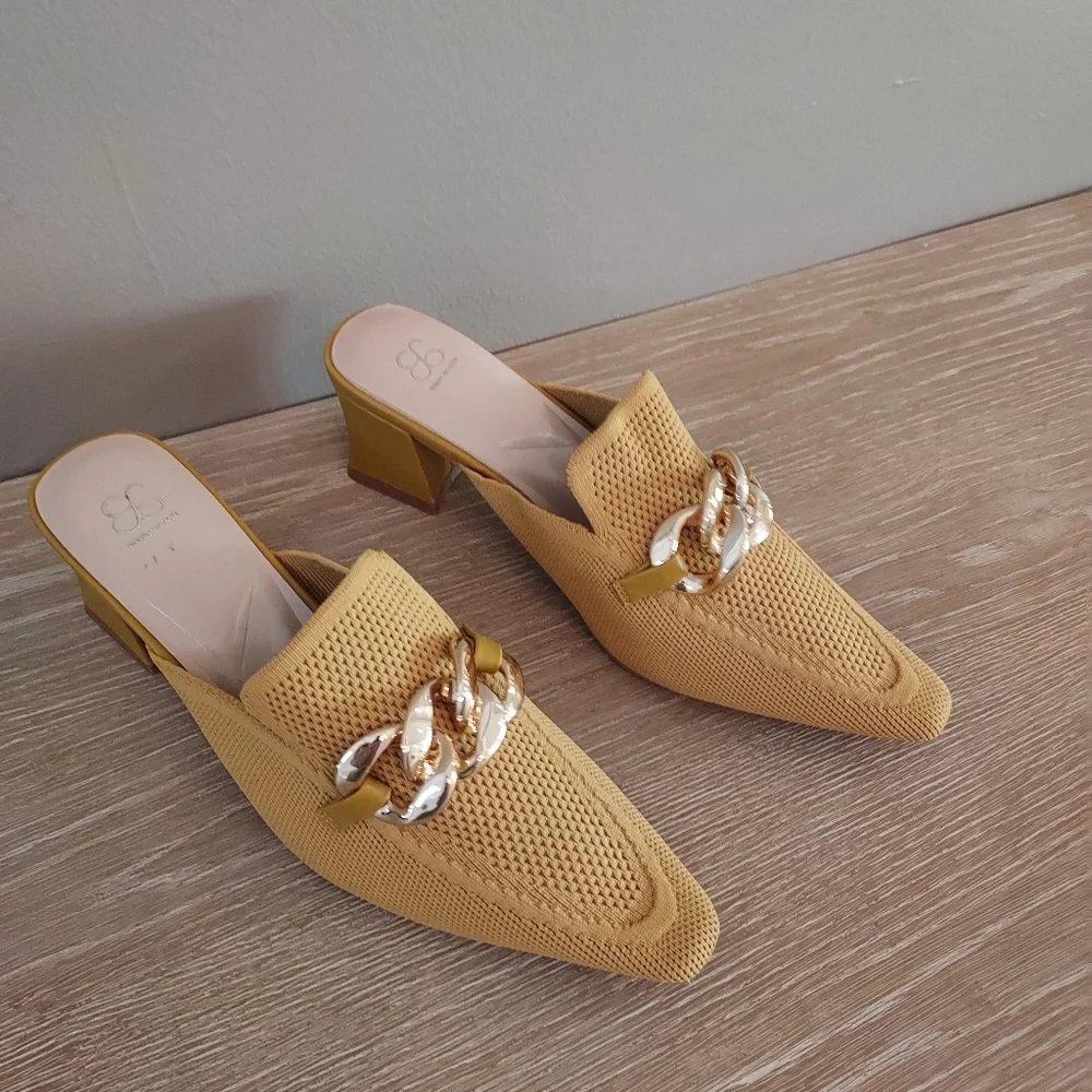Chic Mustard Mules with Gold Chain Accent - Picture 2 of 4
